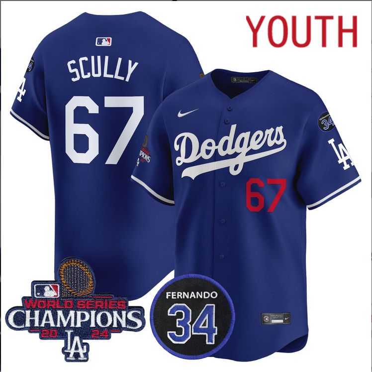 Youth  MLB Los Angeles Dodgers #67 Scully blue2024 World Series Champions Patch Limited Jersey style 4
